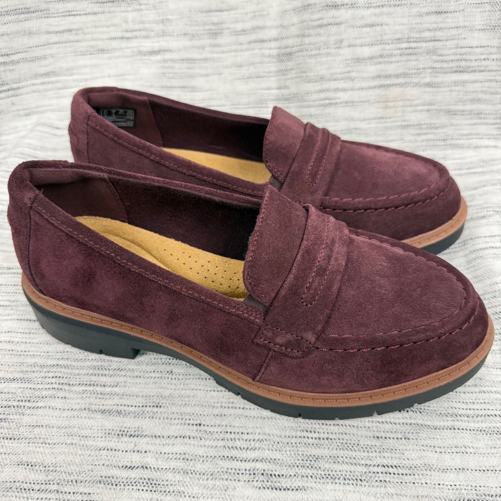 NEW Clarks Westlynn Bay Burgundy Suede Lug Sole Loafers Preppy Academia 7 Wide